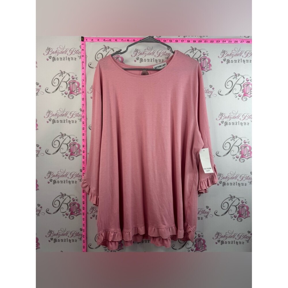 Southern Lady top shirt ruffles keyhole brand new Pink Ruffle-Hem Women's Top